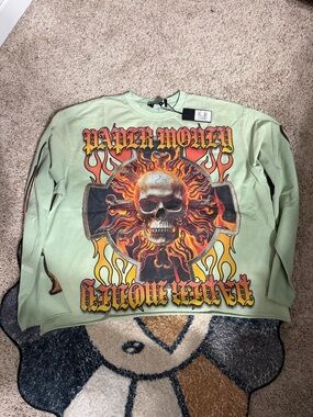 Paper Money Skull Flame Graphic Long Sleeve Tee